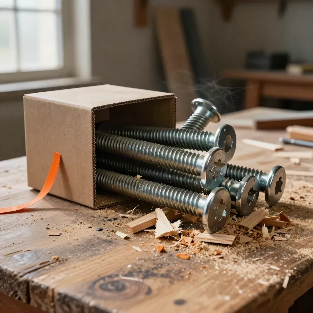Plain lag bolt box spilling timber lags beside split pine offcuts and sawdust on a dark bench.