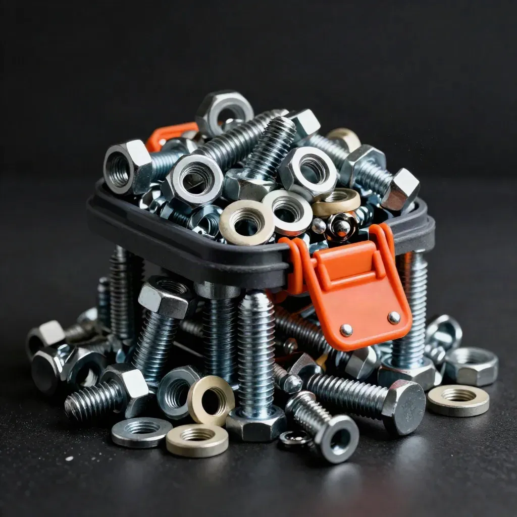 Macro stack of fastener kits with bolts, nuts, washers and anchors on a dark studio surface.