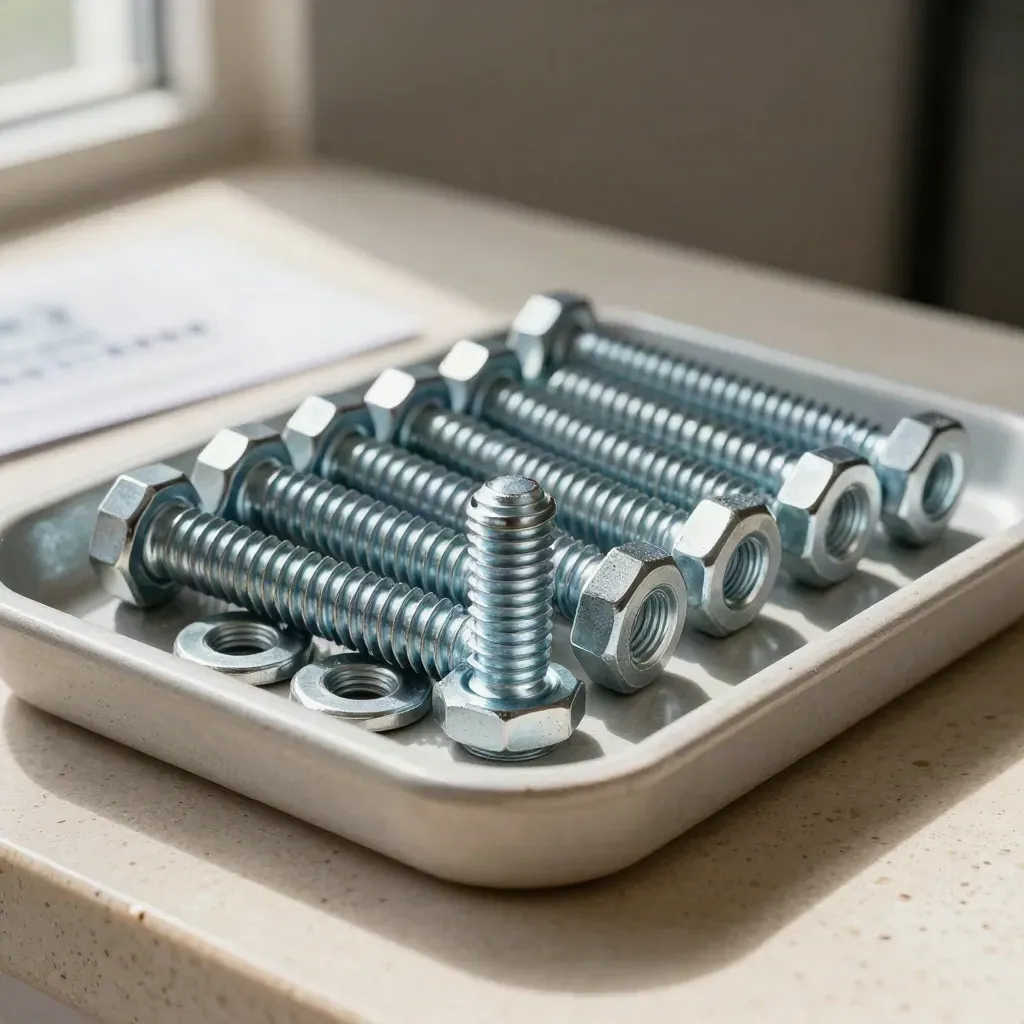 Galvanized hex bolt pack with nuts and washers arranged on travertine in dramatic studio light