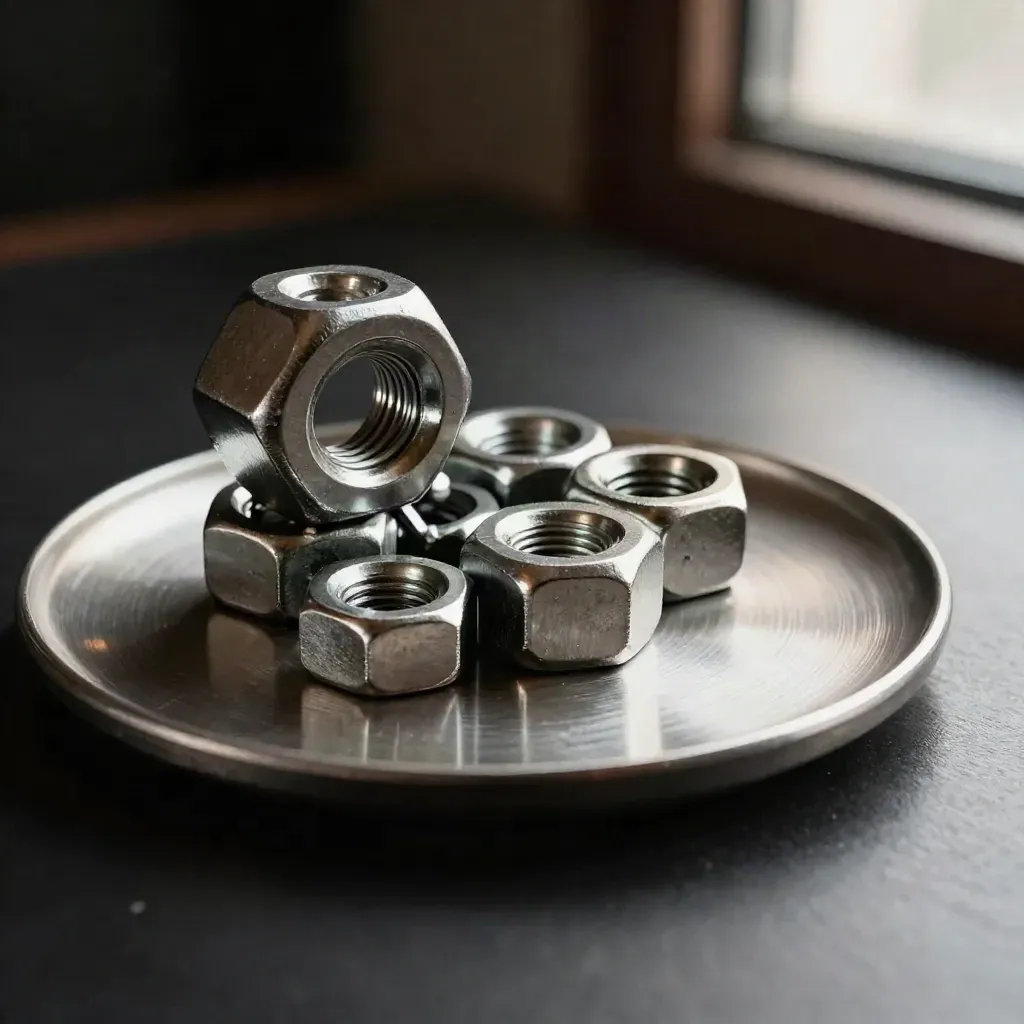 Stainless lock nuts clustered beside a brushed steel plate on a matte-black surface with cool rim light.