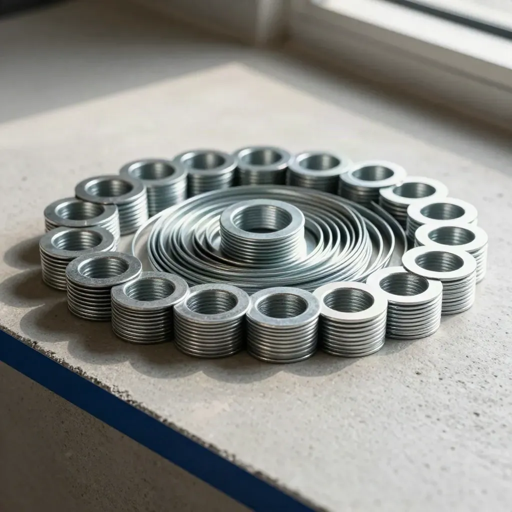 Galvanized fender washers arranged in concentric circles on pale concrete with a cobalt accent