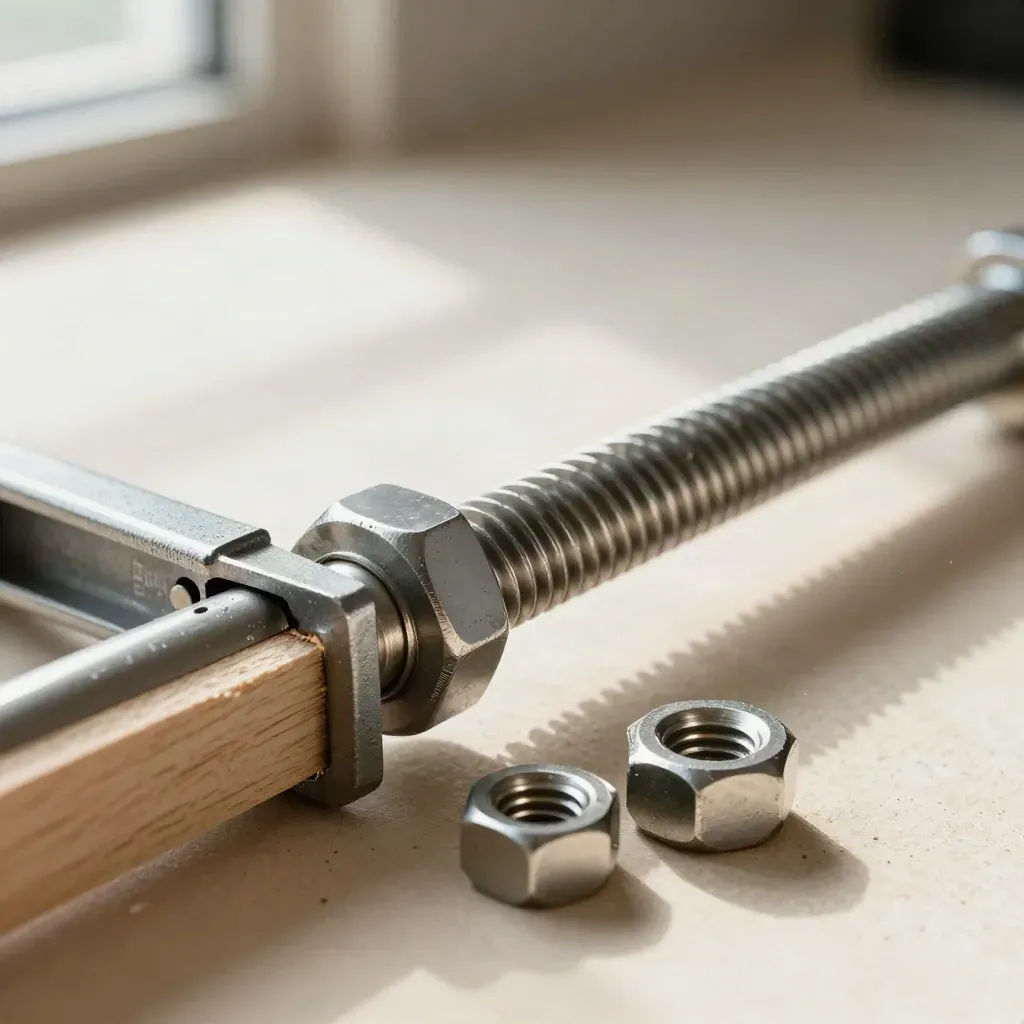 Threaded rods with nuts and couplers beside a steel clamp and timber offcut on a workshop surface.
