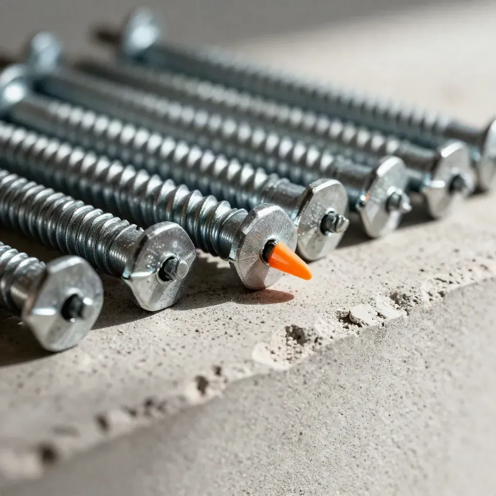 Macro of sleeve anchors half-buried in concrete dust with one orange highlight.