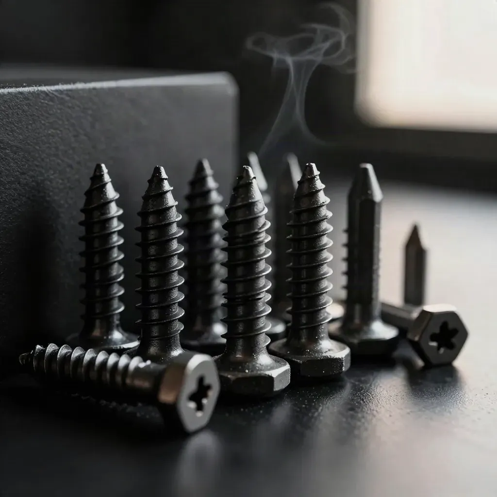 Black oxide socket screws clustered with hex bits on a dark machined plate in dramatic studio light.
