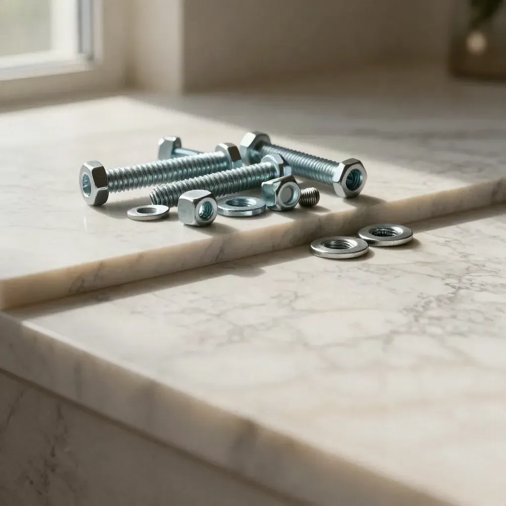 Hex bolts, nuts, and washers on pale marble with soft sunlit shadows