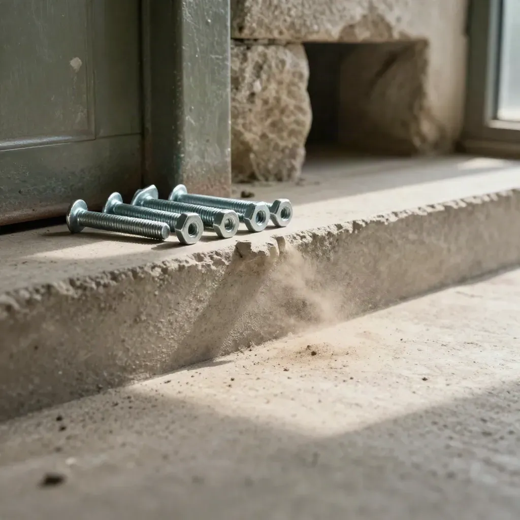 Galvanized anchors on a concrete stair beside steel beam and masonry alcove, lit by sun