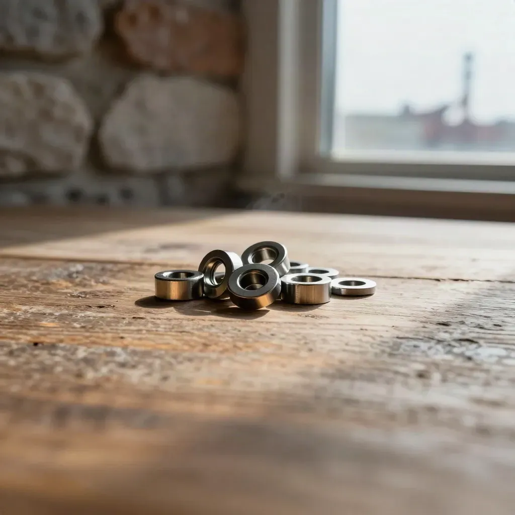 Washer cluster on sunlit weathered wood beside stone wall at golden hour