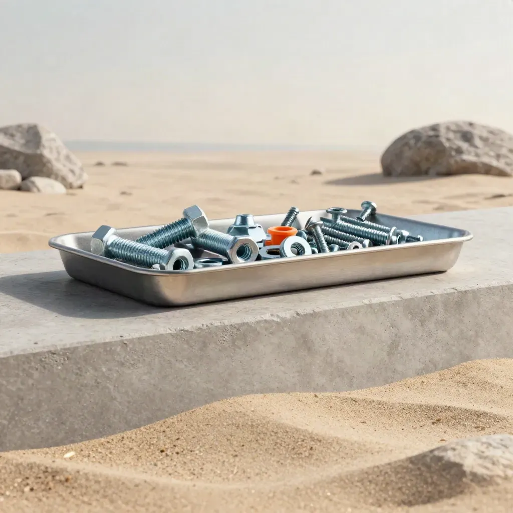 Fastener kit on sand-smoothed concrete under hazy sky, with calm copy space below.