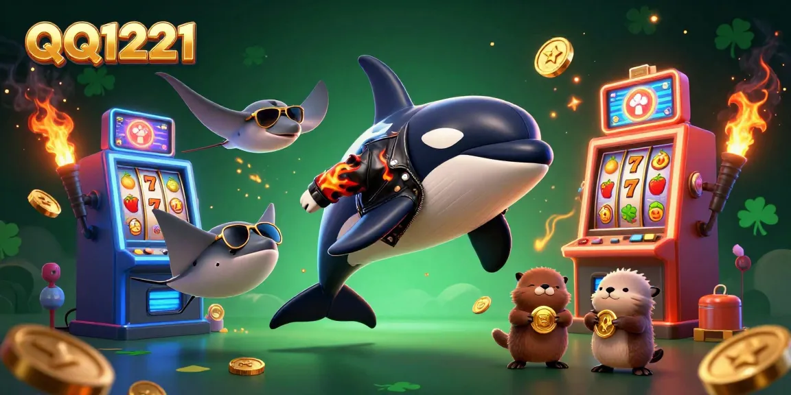 Engage with QQ1221 as a dynamic 3D scene featuring playful characters and vibrant casino elements.