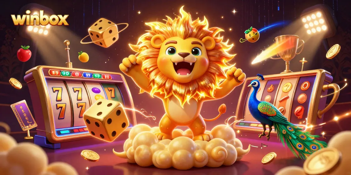 Experience the thrill of winbox with a vibrant casino scene featuring a roaring lion, slot reels, and golden dice.