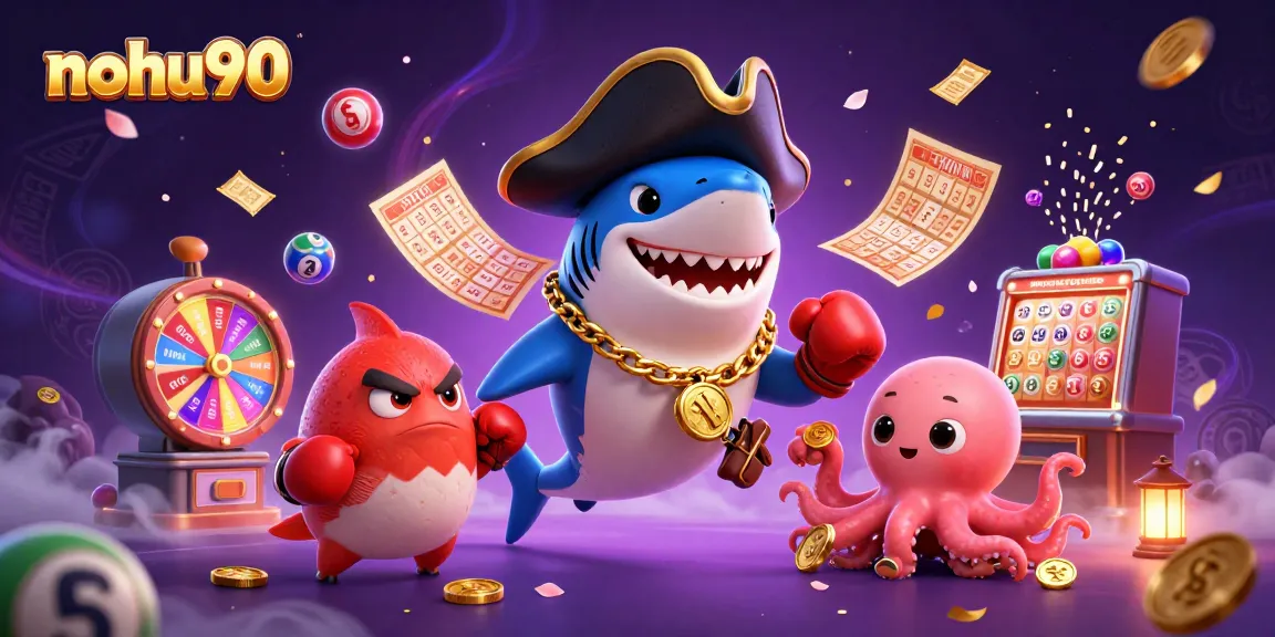 Nohu90 engaging gaming scene with a pirate shark, pufferfish, and octopus surrounded by vibrant lottery elements.