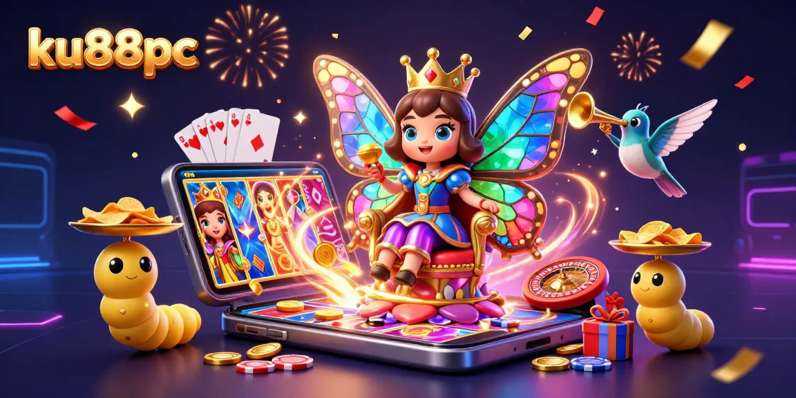 ku88pc showcases a vibrant scene with a butterfly queen and casino elements, capturing the excitement of online gaming.