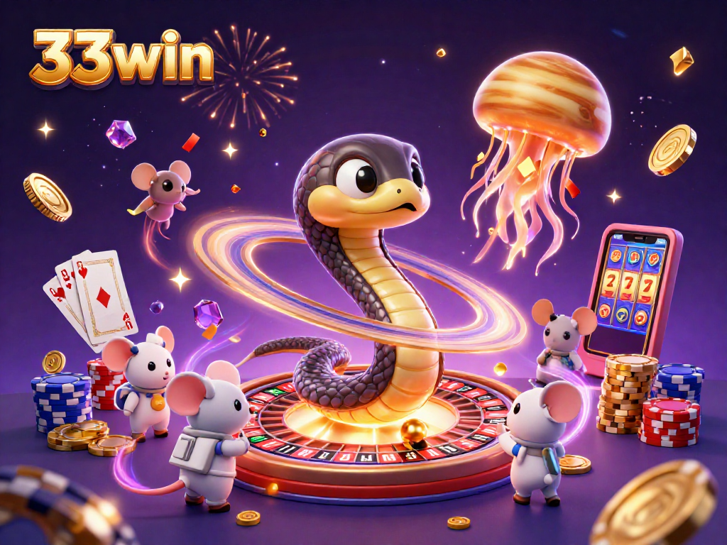 33win channels excitement with astronaut mice betting around a cosmic roulette wheel illustration.