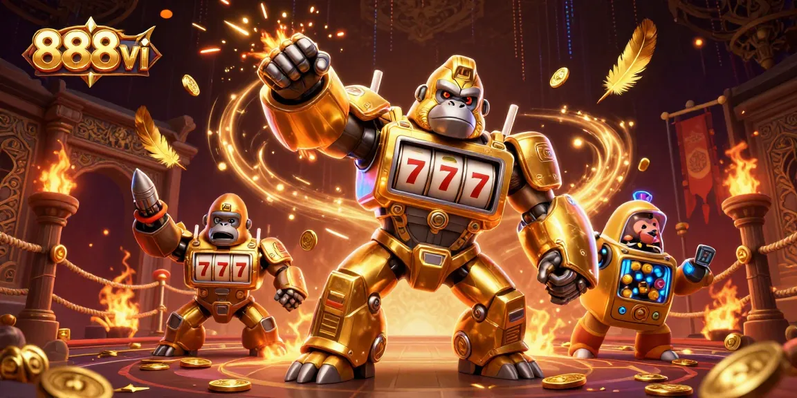 Engage with dynamic 888vi gaming action featuring a golden gorilla mech amid spinning slot reels and coins.