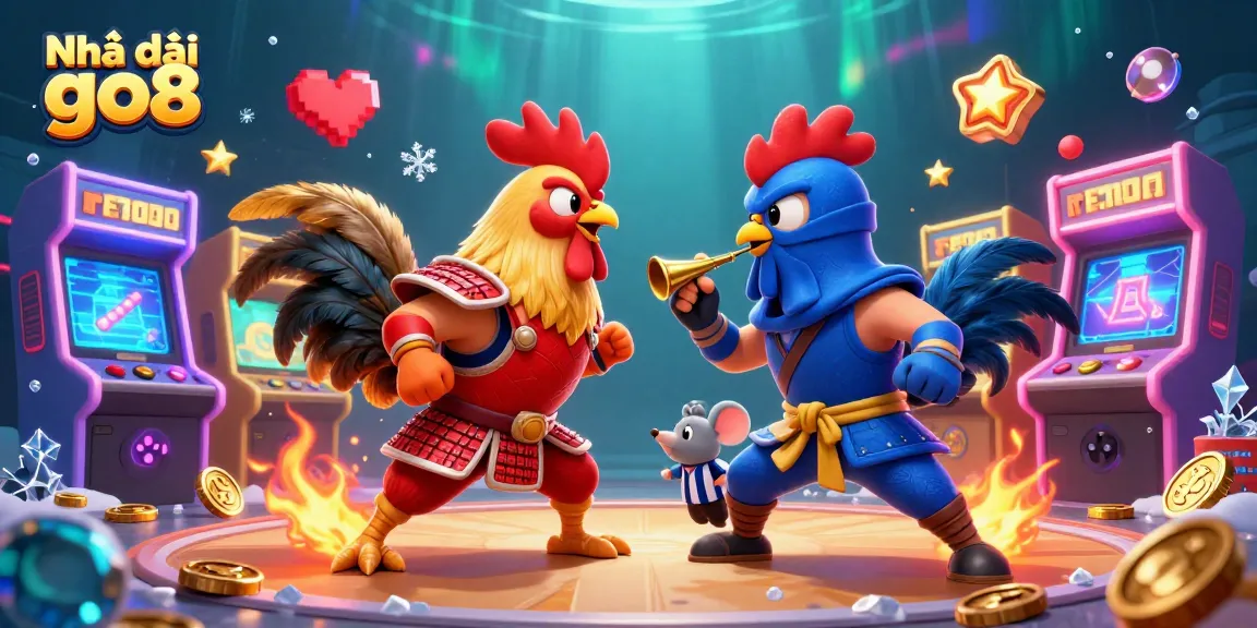 Engage with Nhà cái go8 through an exciting showdown of cartoon roosters in a vibrant casino-themed atmosphere.