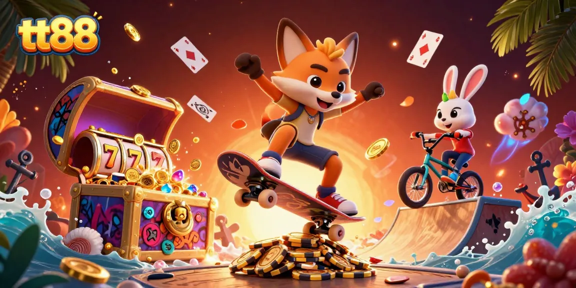 Experience the excitement of tt88 with a vibrant casino-themed illustration featuring playful characters and dynamic game elements.