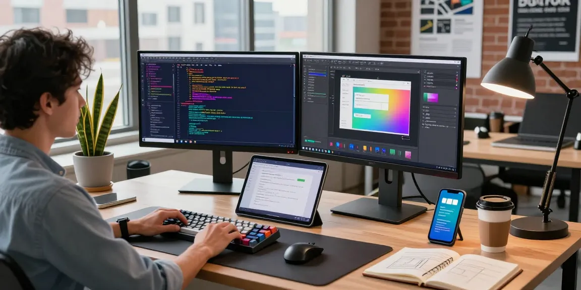 Dynamic tech workspace illustrating openclaw skills with code, devices, and collaboration elements in a modern office setting.