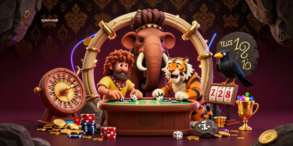 Spin and win with roullete online in a dynamic casino scene featuring prehistoric characters and treasures.