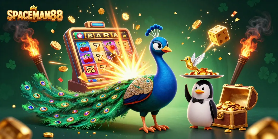 SPACEMAN88 features a peacock, penguin, and hummingbird celebrating a jackpot explosion in this vibrant casino scene.