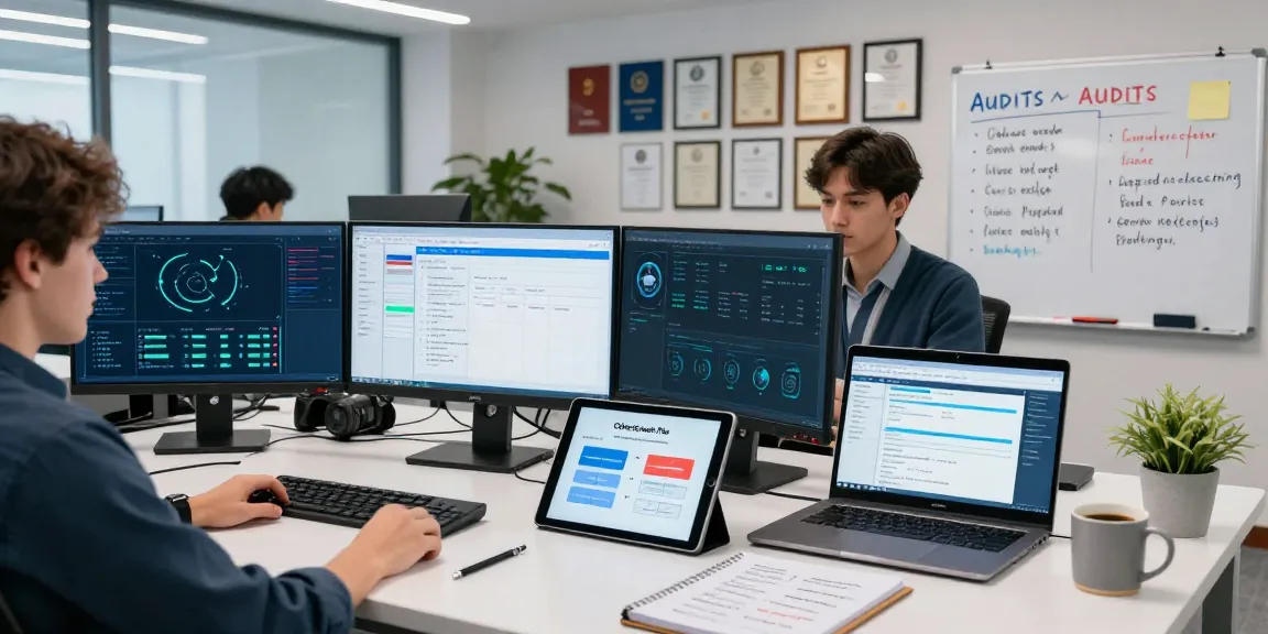 IT specialist examining cybersecurity data comparing cyber essentials vs cyber essentials plus in a modern office.