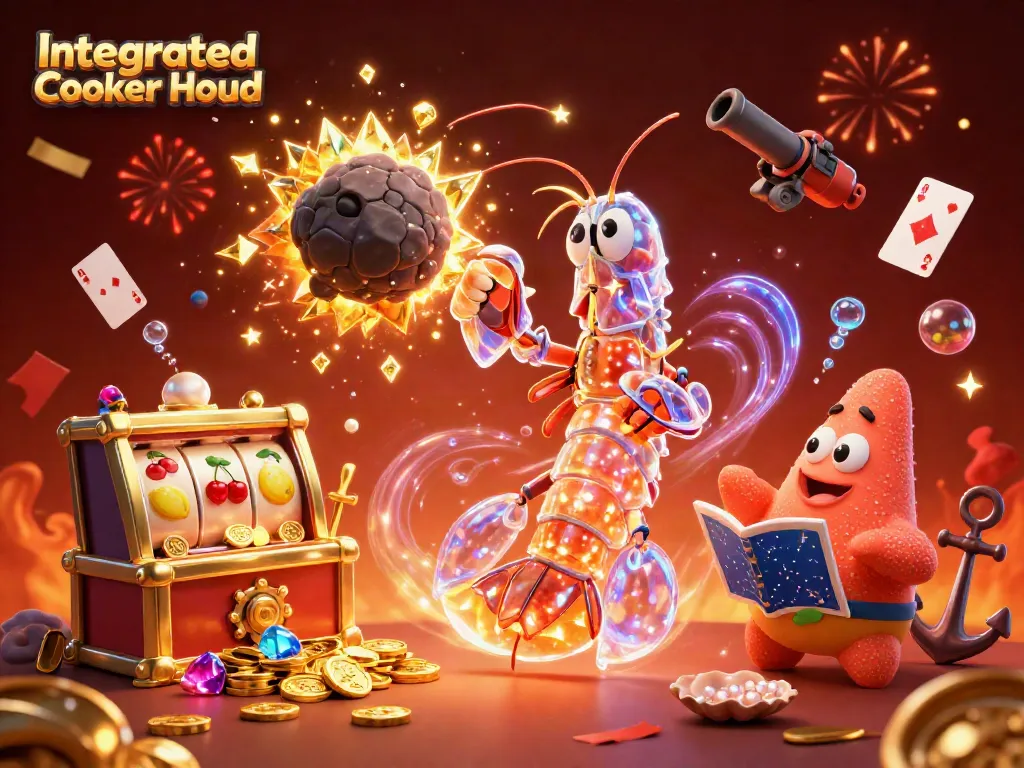Integrated Cooker Hood scene with a galactic mantis shrimp battling asteroids for treasure