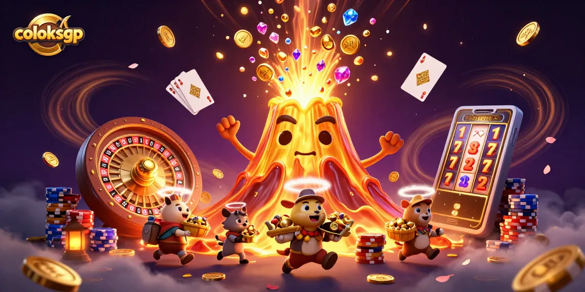 Coloksgp features a lively casino scene with golden volcano and fleeing explorers amidst treasures.
