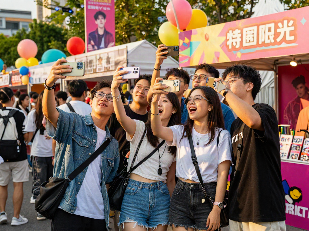 Group of friends at a festival discovering who looks like a celebrity while enjoying the lively atmosphere.