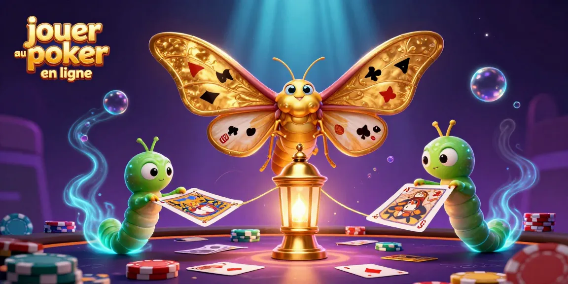 Jouer au poker en ligne avec des cartes colorées et des jetons sur une scène animée.