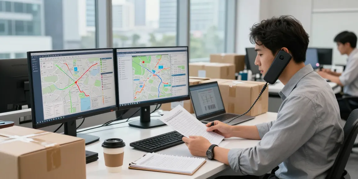 Effiziente Logistikunternehmen Dortmund bei der Planung internationaler Transporte am modernen Büroarbeitsplatz.