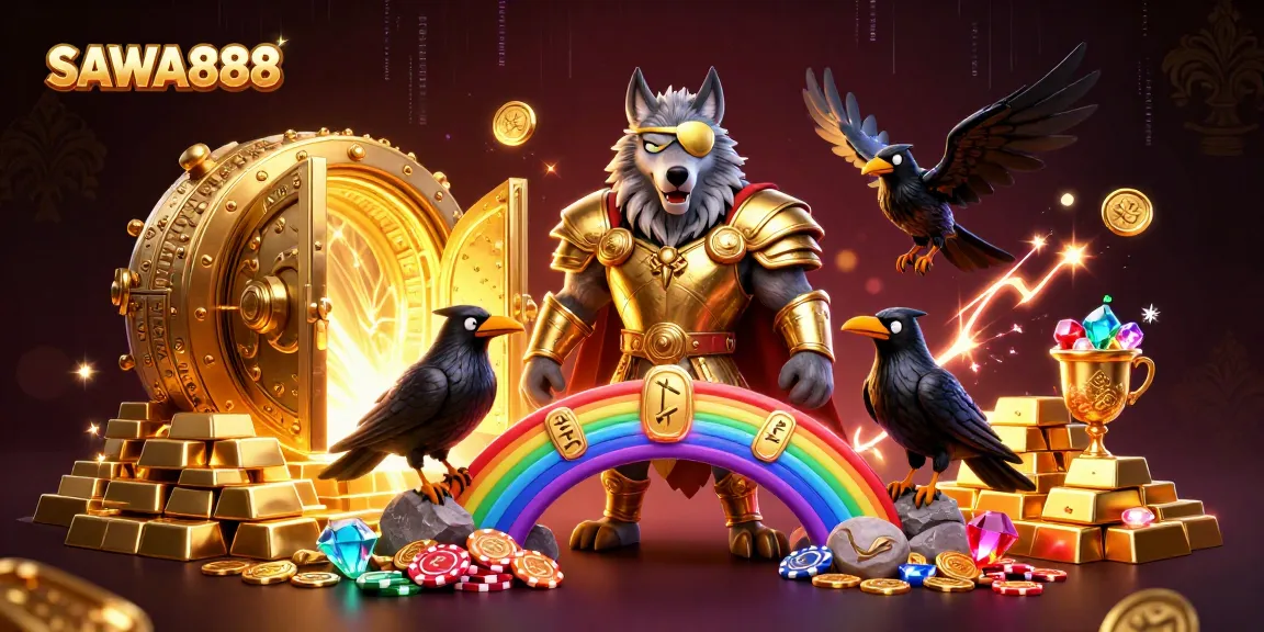 Experience the thrilling SAWA888 with Odin, ravens, and casino chips in a vibrant 3D scene.