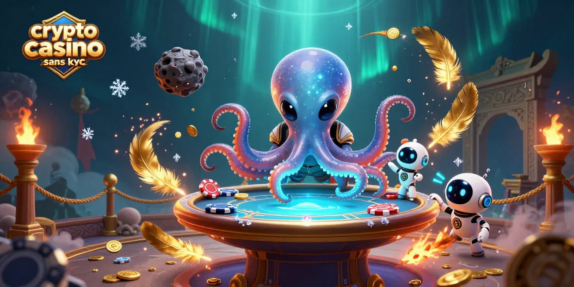 Jouez dans un crypto casino sans KYC avec une ambiance ludique, incluant un poulpe alien et des jetons de poker.