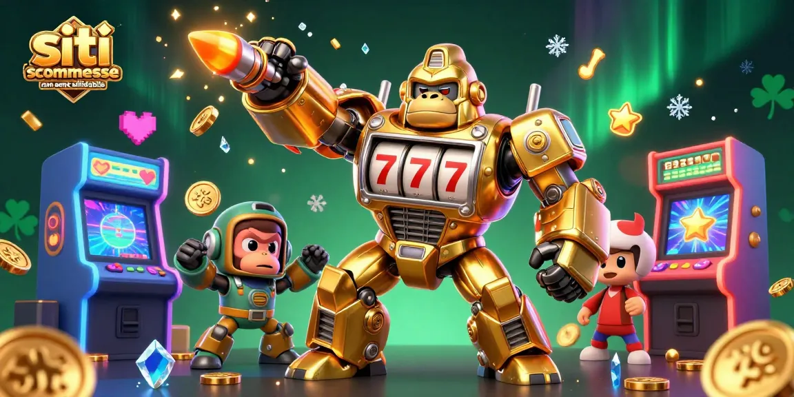 Illustrazione 3D dettagliata di mech gorilla dorato tra macchine da gioco, simboli e monete, relativo ai siti scommesse non AAMS affidabili.