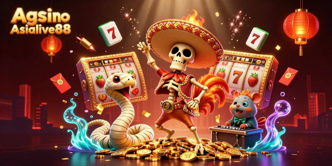 Agen Casino Asialive88 celebrates winning spins with a festive 3D casino scene featuring vibrant characters and elements.