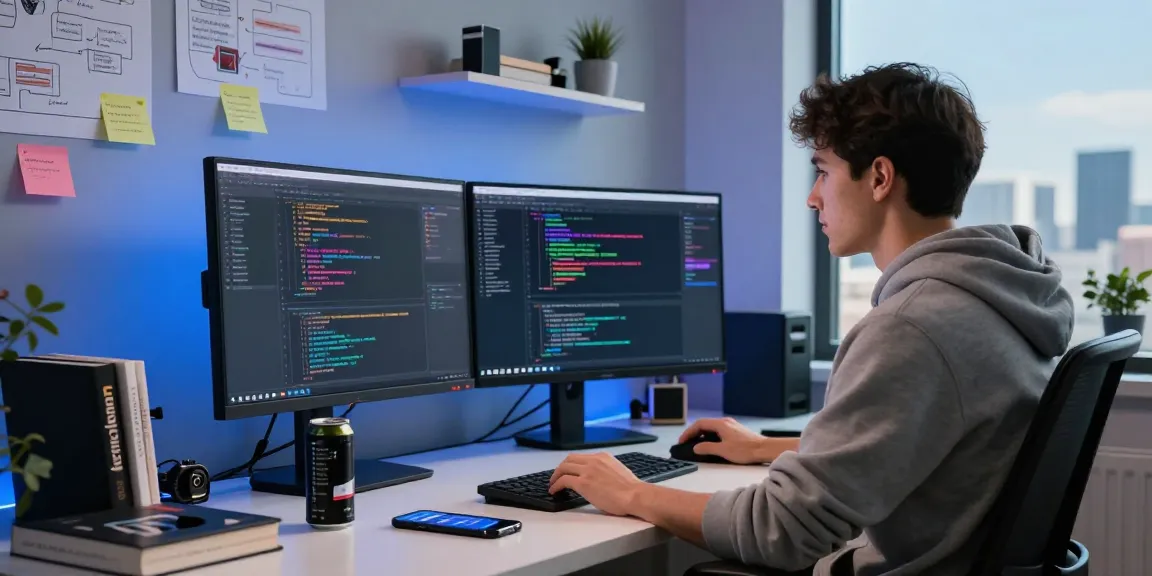Innovative workspace of a developer focused on coding for telegraimin.com, featuring dual monitors and tech gadgets.