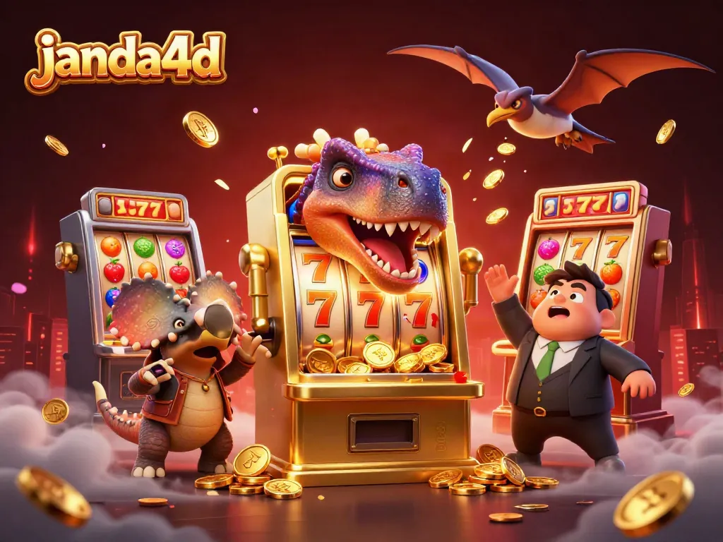 Menang jackpot di JANDA4D dengan pachycephalosaurus yang memukul mesin slot emas sambil koin berhamburan.