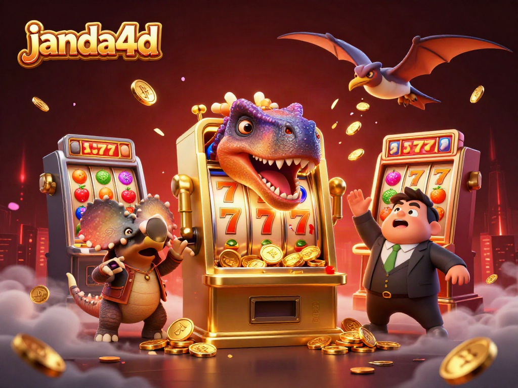 Menang jackpot di JANDA4D dengan pachycephalosaurus yang memukul mesin slot emas sambil koin berhamburan.