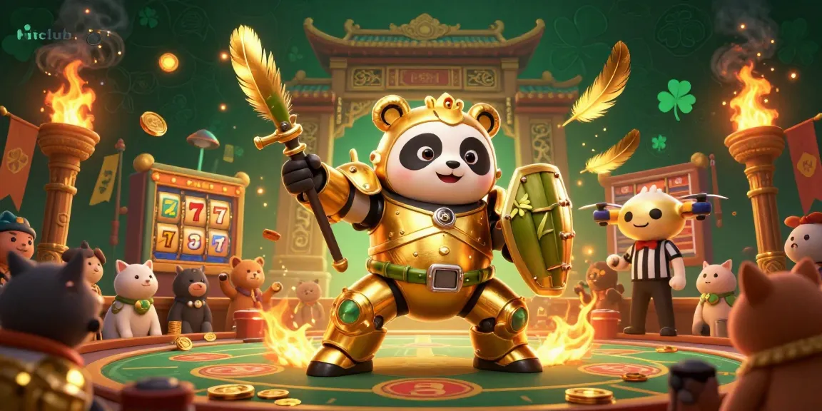 Engage with the Hit club as the golden panda battles in a colorful casino arena filled with slot reels and cheering spectators.