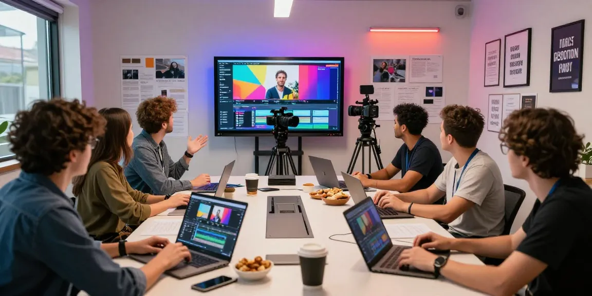 Team collaborating in a video production studio, generating video prompt ai and discussing creative strategies