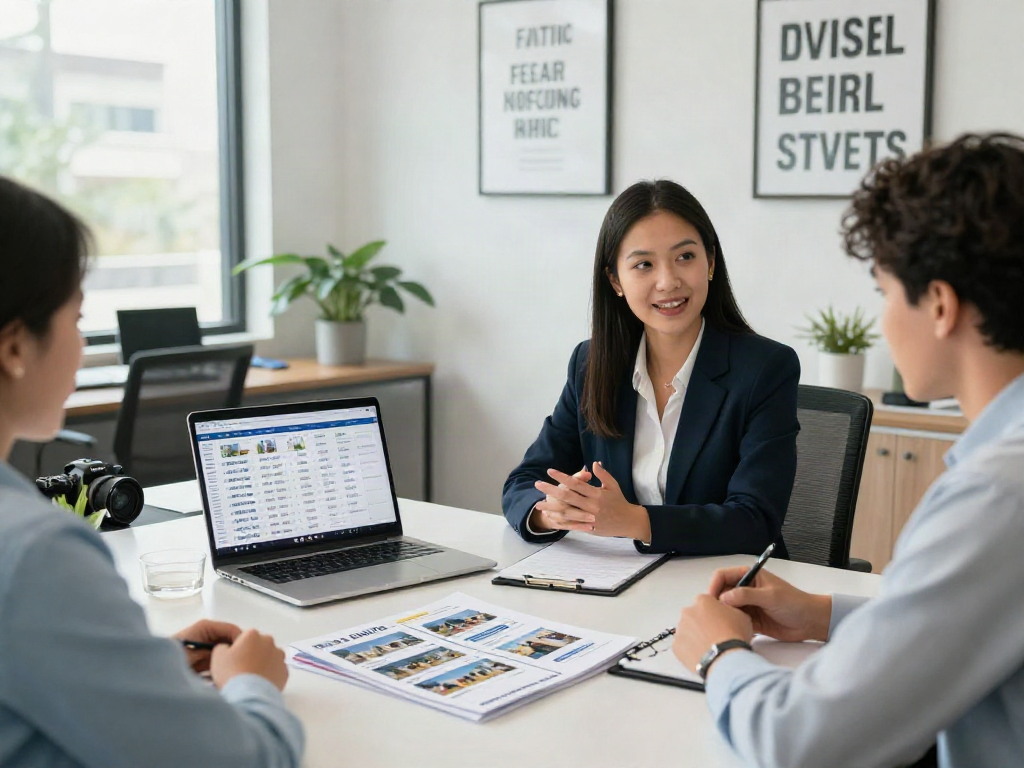 Engaged clients discussing depo 10k real estate investment strategies with professionals in modern office setting.