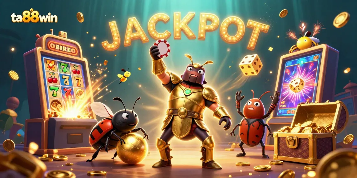 Experience ta88win gaming excitement with a victorious beetle and jackpot symbols in a vibrant casino scene.