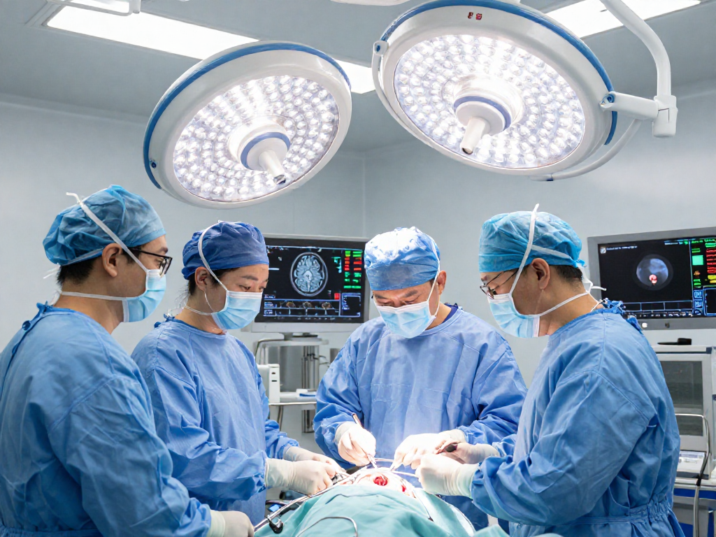Beyin tümörü ameliyatı taking place in a high-tech operating room with diverse surgical team focused on brain tumor removal.