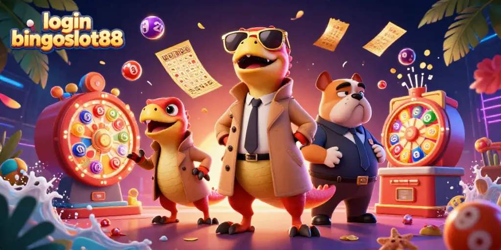 Login bingoslot88 di ilustrasi kasino dengan tiga raptor dan bouncer anjing bulldog yang mencurigakan.
