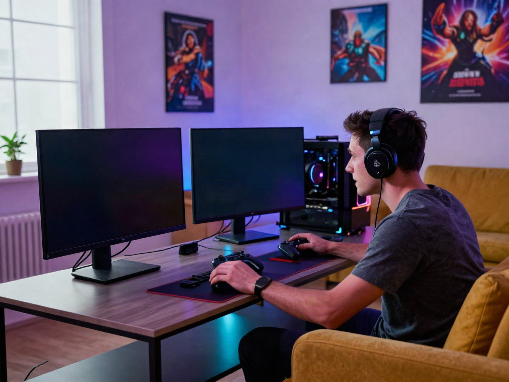 Gamer engaged in a rokok88 game setup with vibrant visuals and immersive RGB lights.