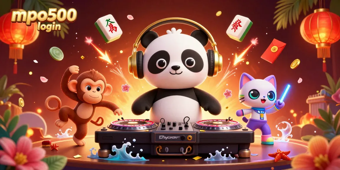 Experience mpo500 login excitement with DJ panda, dancing monkey, and rave kitten in a lively casino scene.