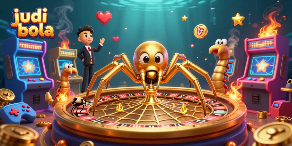 Engage in judi bola action with a golden spider and lively casino elements in a colorful scene.