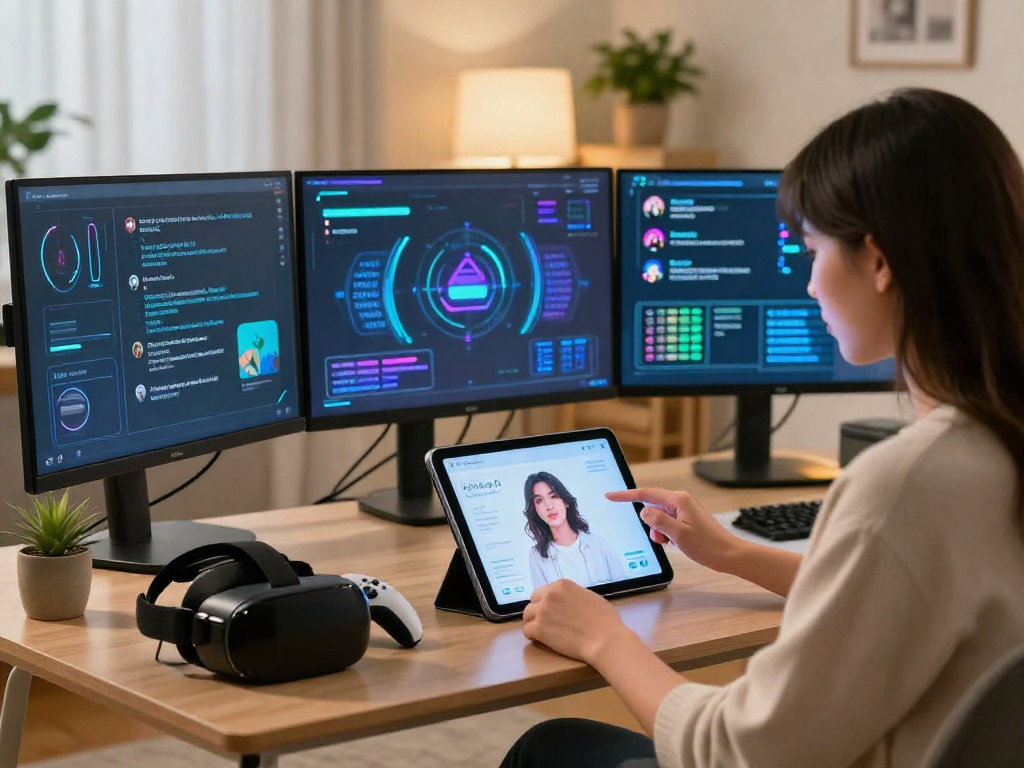 Engaging user experience with an AI gf app on tablet in cozy tech-savvy living room.