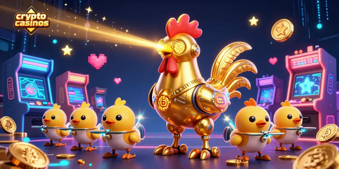 Les crypto casinos offrent une expérience ludique avec un robot coq doré et des drones en pleine action.