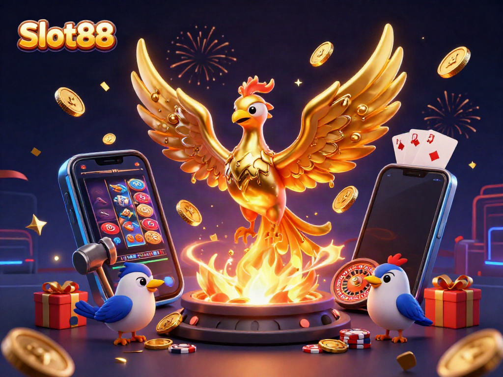Experience thrilling Slot88 gameplay with golden phoenix and fun casino elements exploding into action