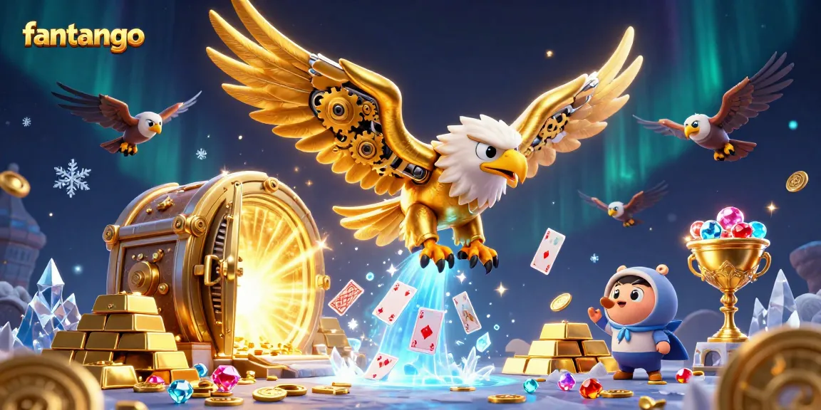 Experience the thrill of fantango as the golden eagle soars through shimmering playing cards, radiating excitement and riches.