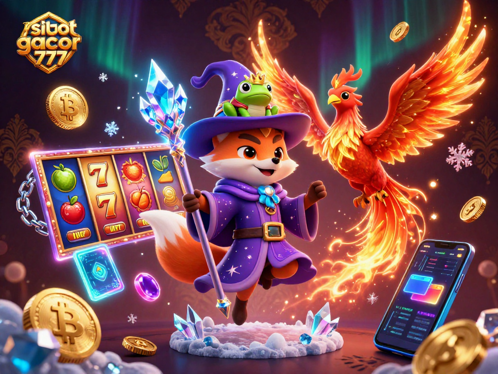 Experience the thrill of situs slot gacor 777 with a mystical wizard, phoenix, and enchanted frog in this vibrant scene.